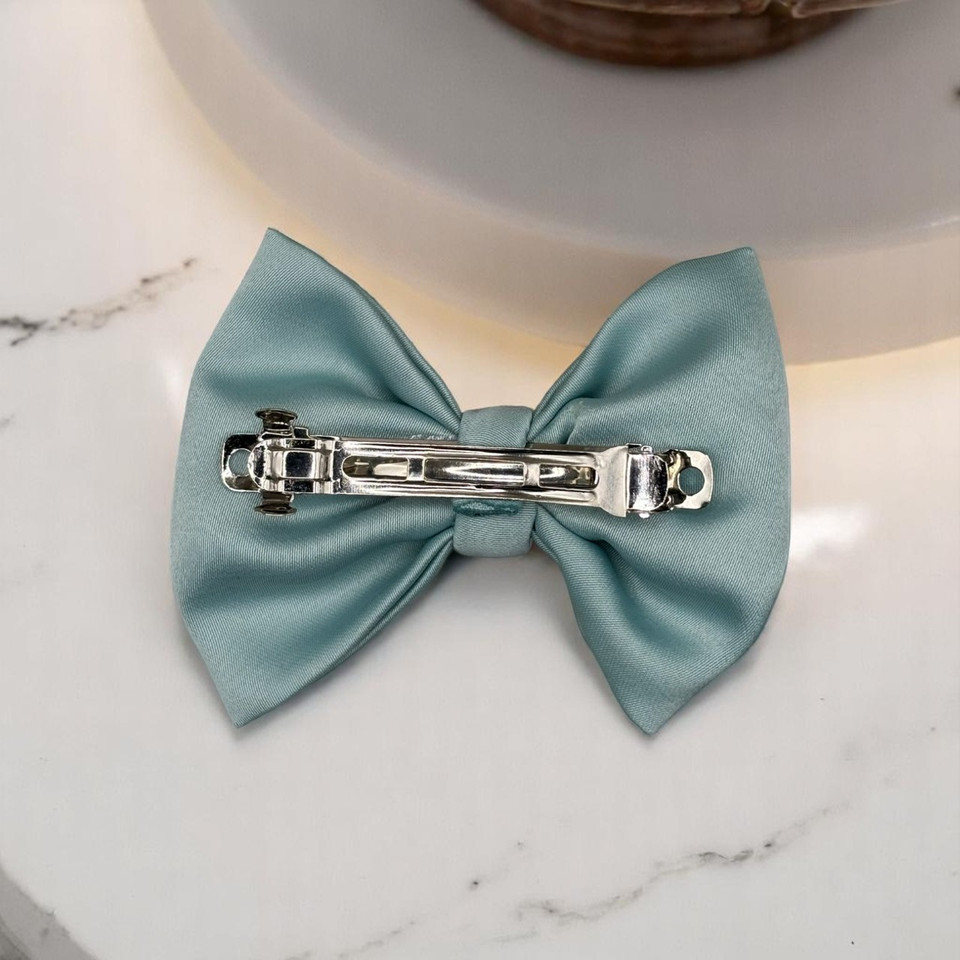 Tuhil Threads Small Mint Green Royal Micro Satin Classic Bow, front view, showcasing its smooth texture and neat shape. Shop Tuhil Threads hair accessories.