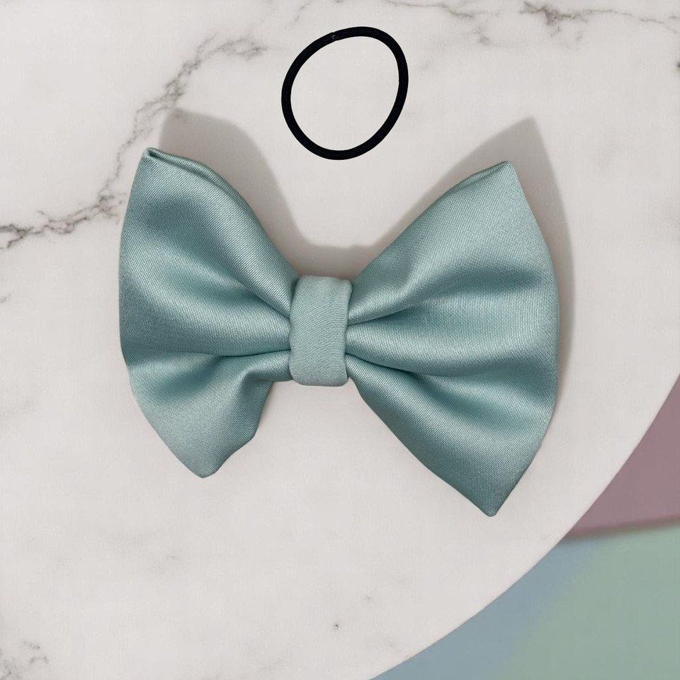 Tuhil Threads Small Mint Green Royal Micro Satin Classic Bow, front view, showcasing its smooth texture and neat shape. Shop Tuhil Threads hair accessories.