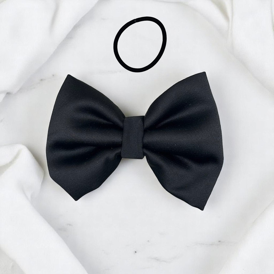 Tuhil Threads Small Black Royal Micro Satin Classic Bow, front view, highlighting its sleek finish and classic shape. Shop Tuhil Threads hair accessories.