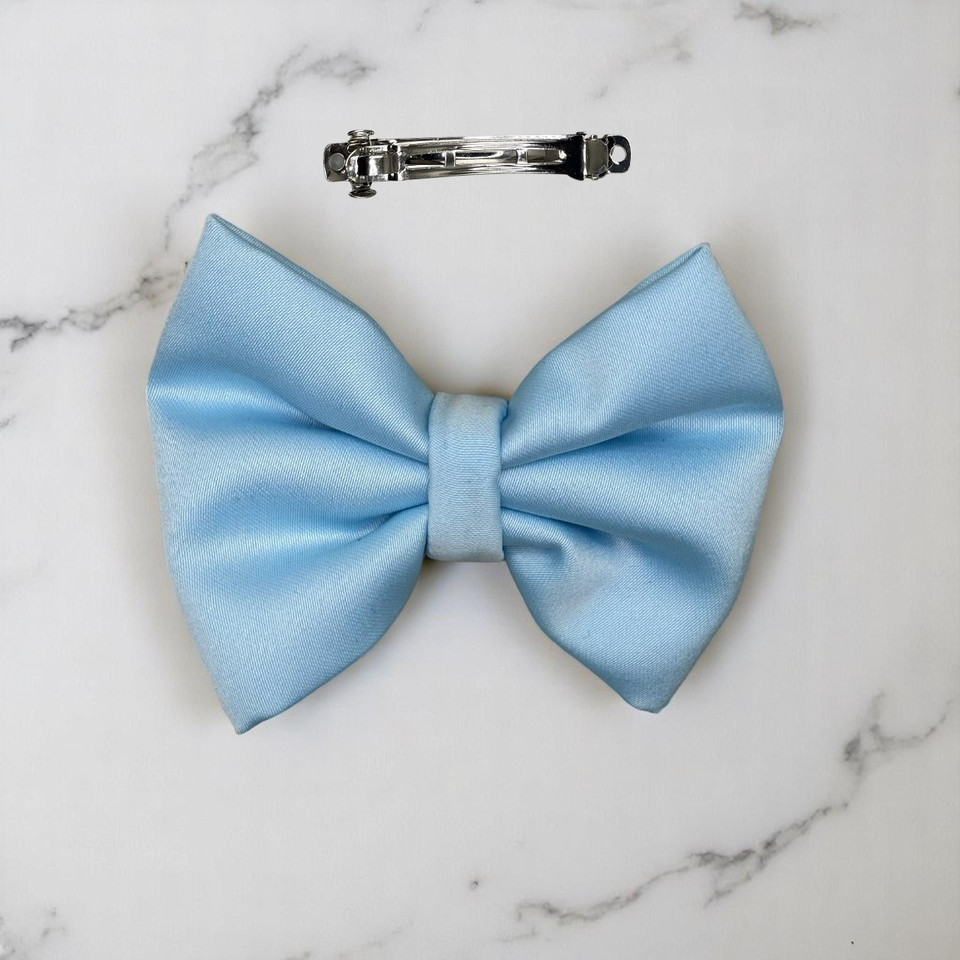 Tuhil Threads Small Sky Blue Royal Micro Satin Classic Bow, front view, showcasing its smooth texture and cheerful colour. Shop Tuhil Threads hair accessories.