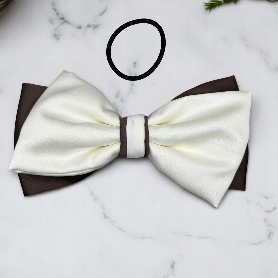 Tuhil Threads Large Royal Micro Satin Classic Bow in a two-tone design with a taupe bottom layer and a cream top layer, neatly tied, measuring 17x10cm. Shop Tuhil Threads hair accessories.