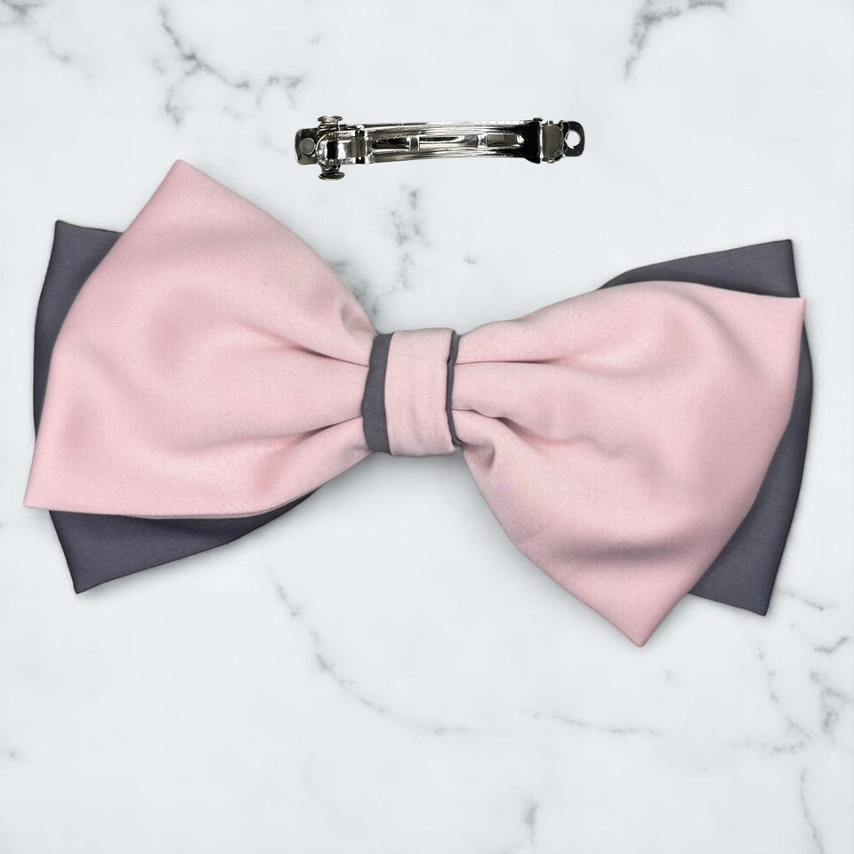 Tuhil Threads Large Royal Micro Satin Classic Bow in a two-tone design with a cool grey bottom layer and a soft pink top layer, neatly tied, measuring 17x10cm. Shop Tuhil Threads hair accessories.