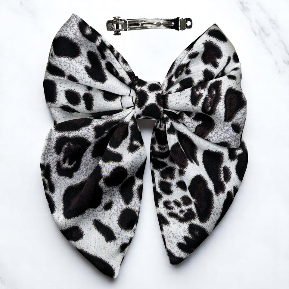 A stylish Spotted Black and Grey Style Medium Silky Satin Pigtail Bow by Tuhil Threads, measuring 10cm x 12cm. Shop Tuhil Threads hair accessories. A stylish Spotted Black and Grey Style Medium Silky Satin Pigtail Bow by Tuhil Threads, measuring 10cm x 12cm. Shop Tuhil Threads hair accessories.