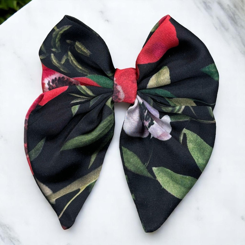 Midnight Garden Floral Medium Silky Satin Pigtail Bow Midnight Garden Floral Medium Silky Satin Pigtail Bow