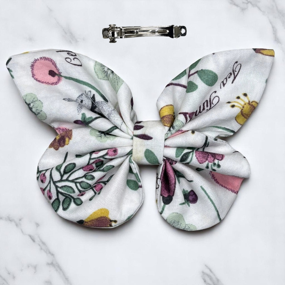 A charming Whimsical Tea Party Medium Cotton Butterfly Bow by Tuhil Threads, measuring approximately 12cm wide by 8cm high. Shop Tuhil Threads hair accessories.