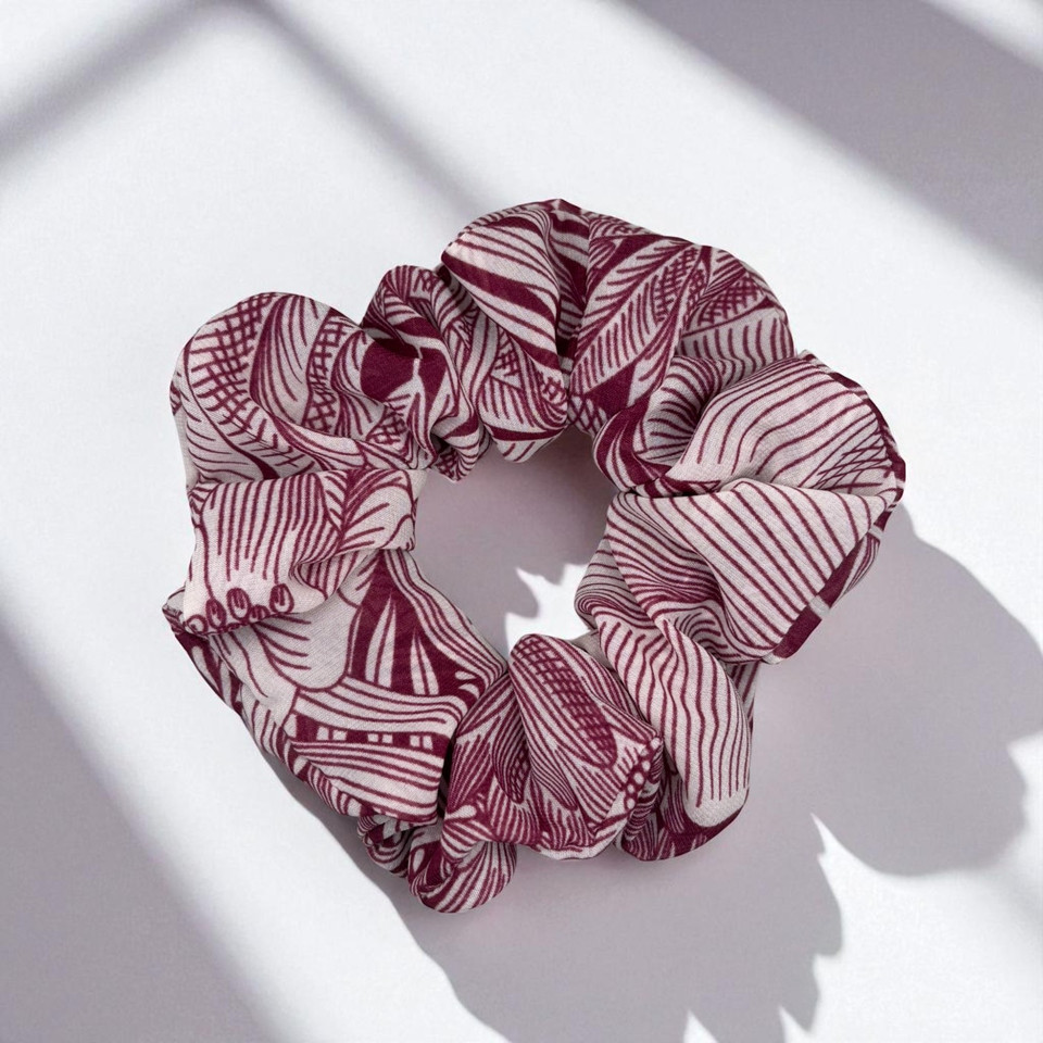 Red Wine Abstract Chiffon Scrunchie. Shop at Tuhil Threads.
