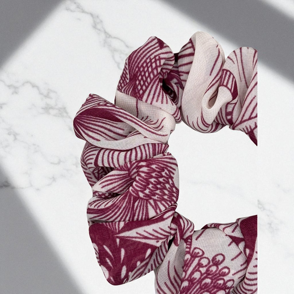 Red Wine Abstract Chiffon Scrunchie. Shop at Tuhil Threads.