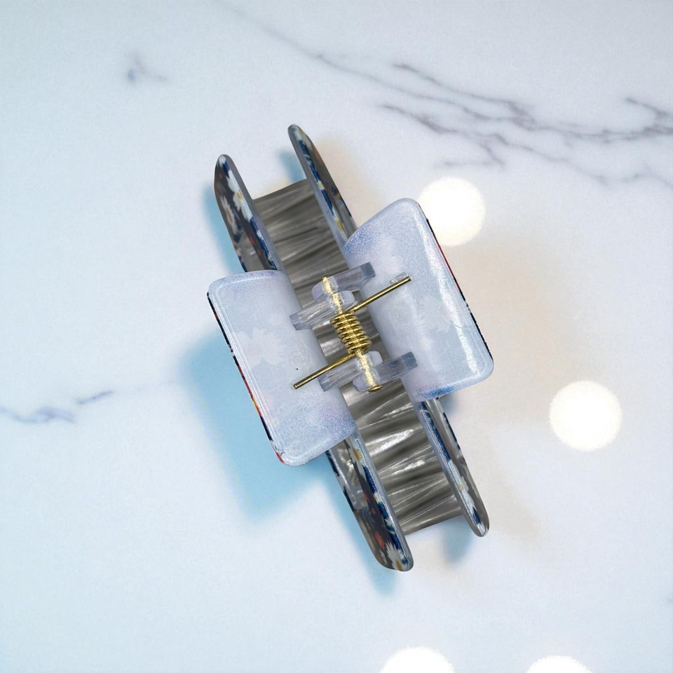 Dark blue floral print claw clip 8.5cm  - Tuhil Threads Dark blue floral print claw clip 8.5cm  - Tuhil Threads