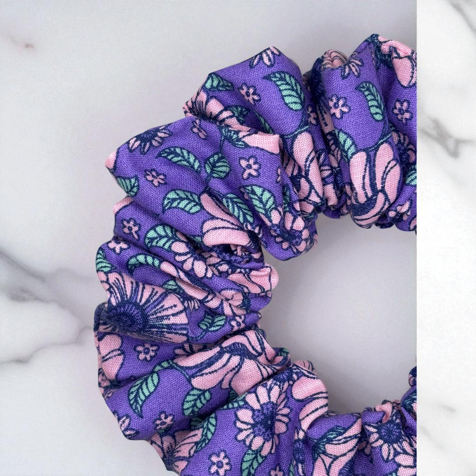 Purple Bloom PolyCotton Scrunchie. Shop at Tuhil Threads. Purple Bloom PolyCotton Scrunchie. Shop at Tuhil Threads.