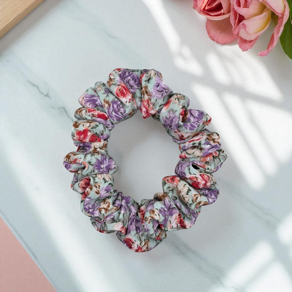 Cottage Garden Purple PolyCotton Scrunchie. Shop at Tuhil Threads.