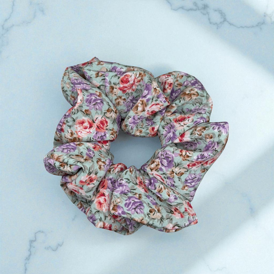 Cottage Garden Purple PolyCotton Scrunchie. Shop at Tuhil Threads.