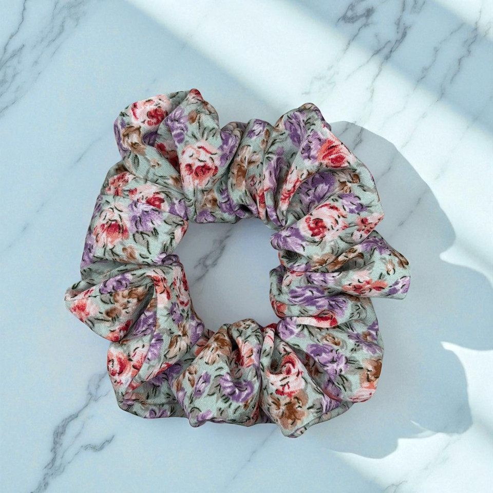 Cottage Garden Purple PolyCotton Scrunchie. Shop at Tuhil Threads.