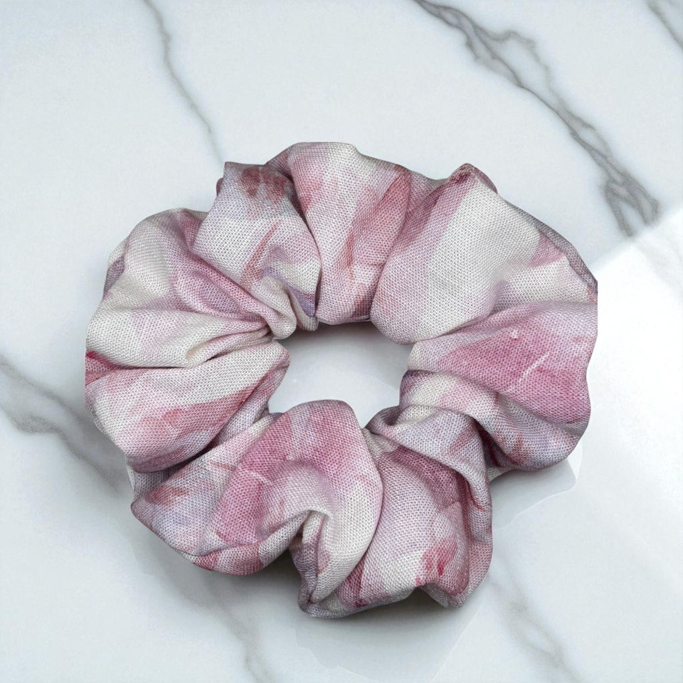 Rosewater Swirl Viscose Scrunchie. Shop at Tuhil Threads.
