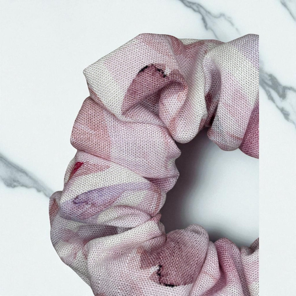 Rosewater Swirl Viscose Scrunchie. Shop at Tuhil Threads.