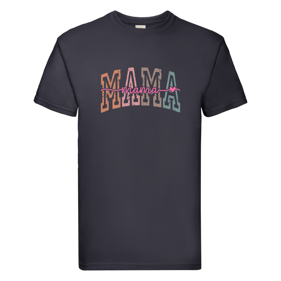 Retro Block Letter Mama T-Shirt: Colourful Cursive Mama Tee