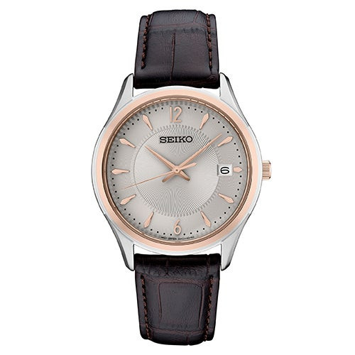 Mens Essentials Two-Tone Brown Leather Strap Watch Silver Dial