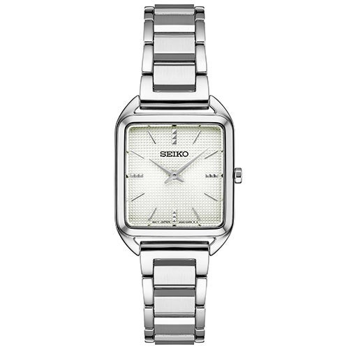Ladies Essentials Square Silver-Tone Stainless Steel Watch White Dial