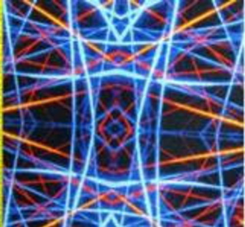 Neon bright lines criss crossing fabric with black background. Appears like a network of wires.