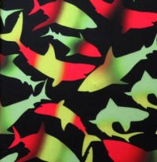 Sharks in bright green and red pattern on black background.