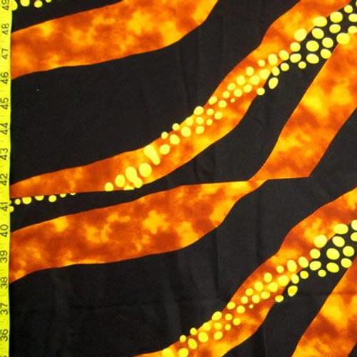Black background with ribbons of lava in dark and medium orange. Some yellow bubble ribbons too.