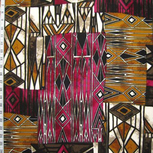 Aztec type pattern with maroon, tans, and blacks. Has a modern art twist to traditional aztec.