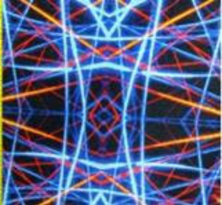 Neon bright lines criss crossing fabric with black background. Appears like a network of wires.