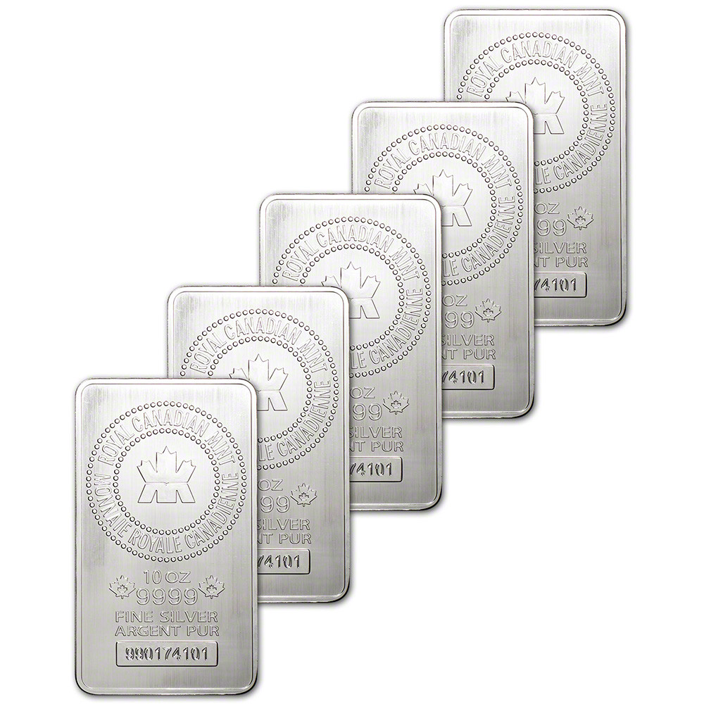 FIVE (5) 10 oz. RCM Silver Bar - Royal Canadian Mint .9999 Fine