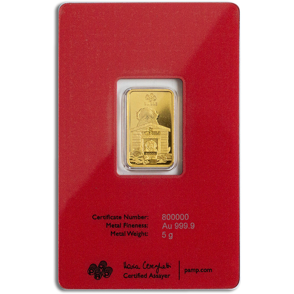 5 gram Gold Bar - PAMP Suisse - Lunar Year of the Dog - 999.9 Fine