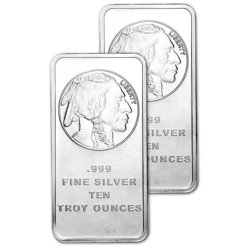 TWO 10 oz. SilverTowne Silver Bar - Buffalo Design - 999 Fine