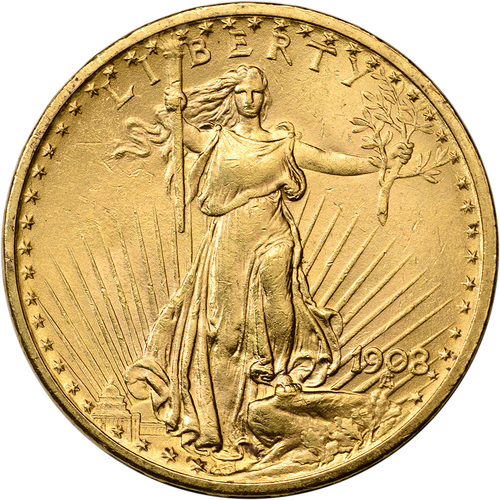 US Gold $20 Saint-Gaudens Double Eagle PCGS MS66 1908 No Motto