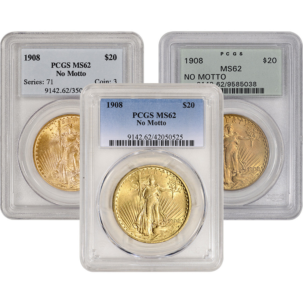 US Gold $20 Saint-Gaudens Double Eagle PCGS MS62 1908 No Motto