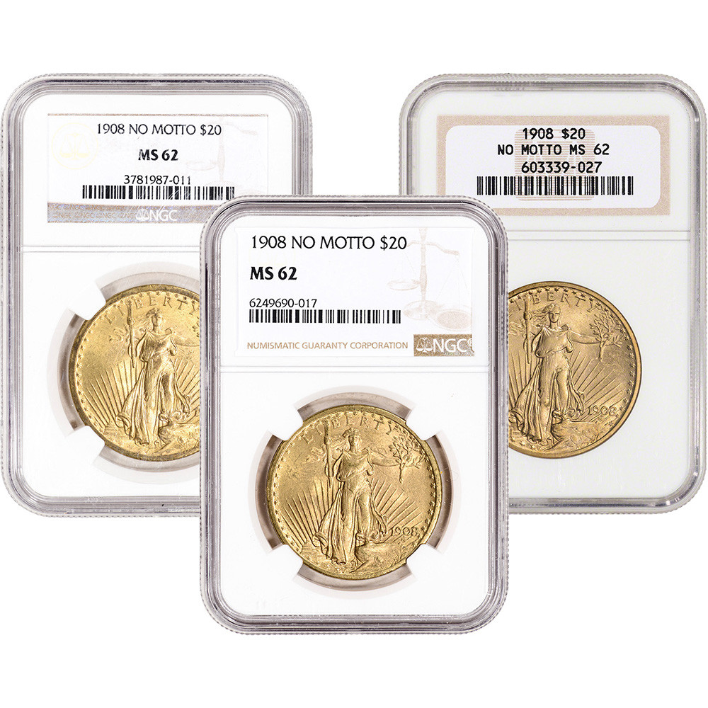 US Gold $20 Saint-Gaudens Double Eagle NGC MS62 1908 No Motto