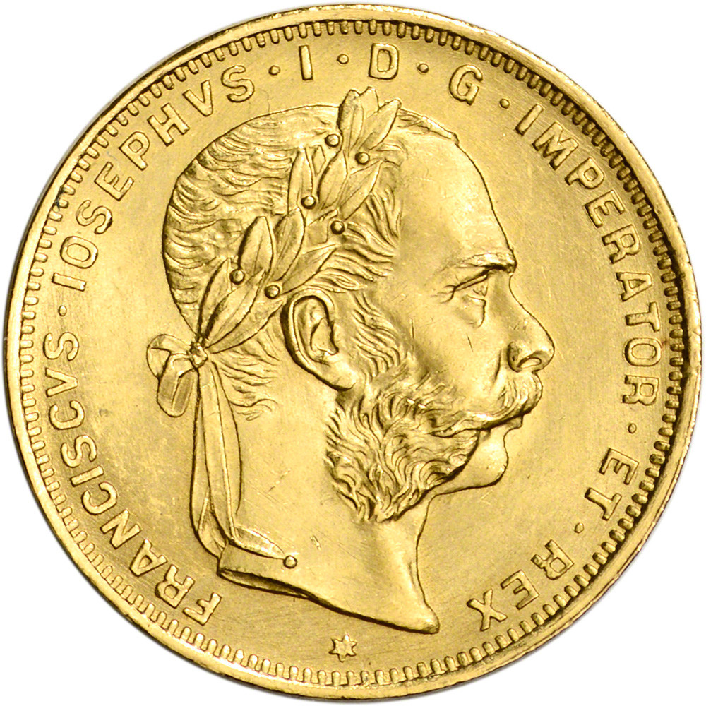 1892 Austria Gold 8 Florin/20 Francs .1867 oz - Franz Joseph I