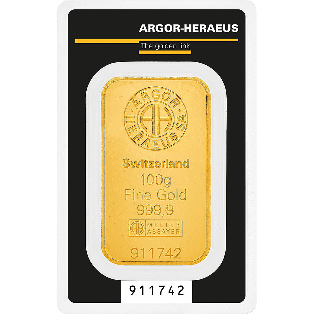 100 gram Gold Bar Argor Heraeus Fine in Assay [GOLD-Bar