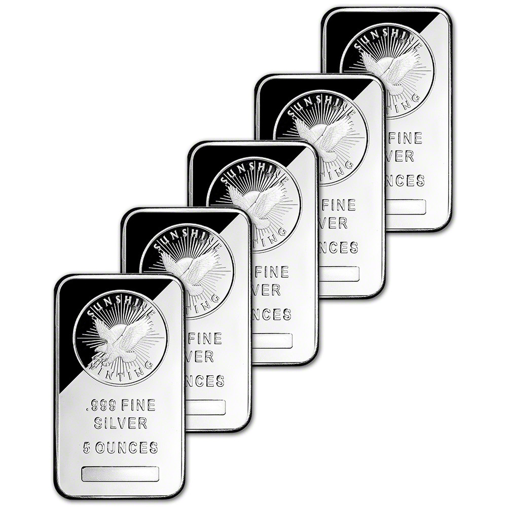 FIVE (5) 5 oz. Silver Bar - Sunshine Minting - .999 Fine