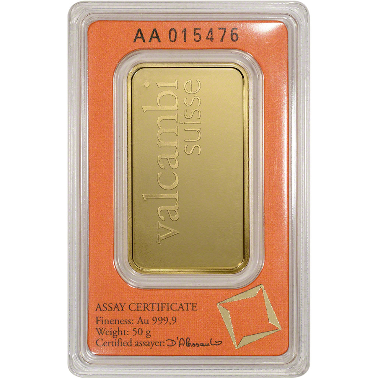 50 gram Gold Bar - Valcambi Suisse - 999.9 Fine in Sealed Assay