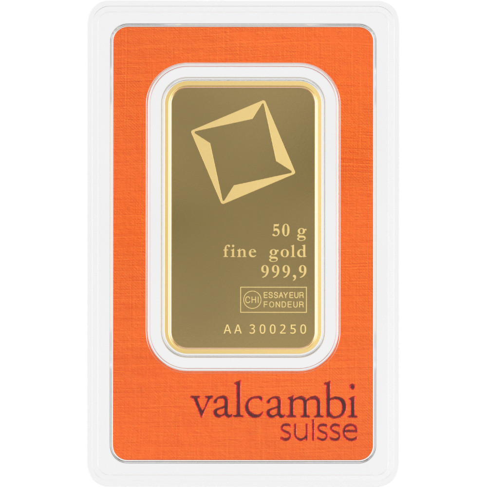 50 gram Gold Bar - Valcambi Suisse - 999.9 Fine in Sealed Assay