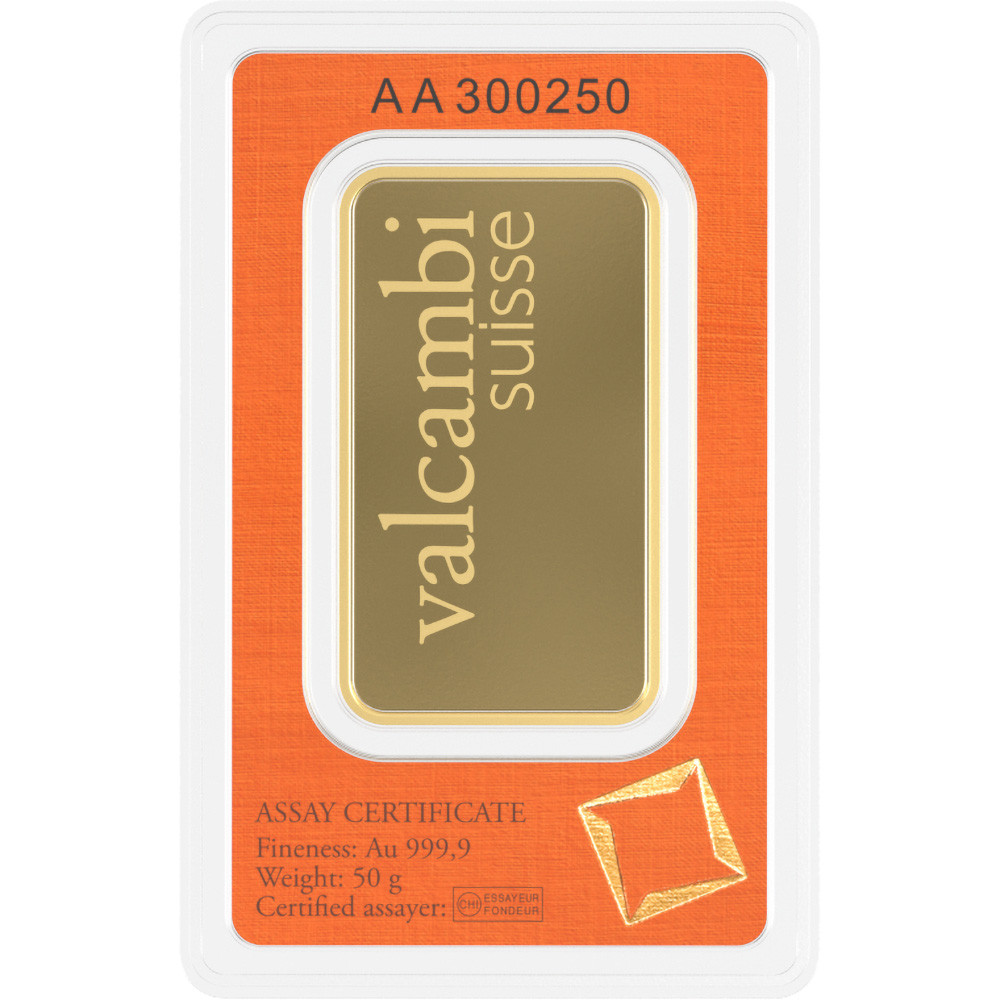 50 gram Gold Bar - Valcambi Suisse - 999.9 Fine in Sealed Assay