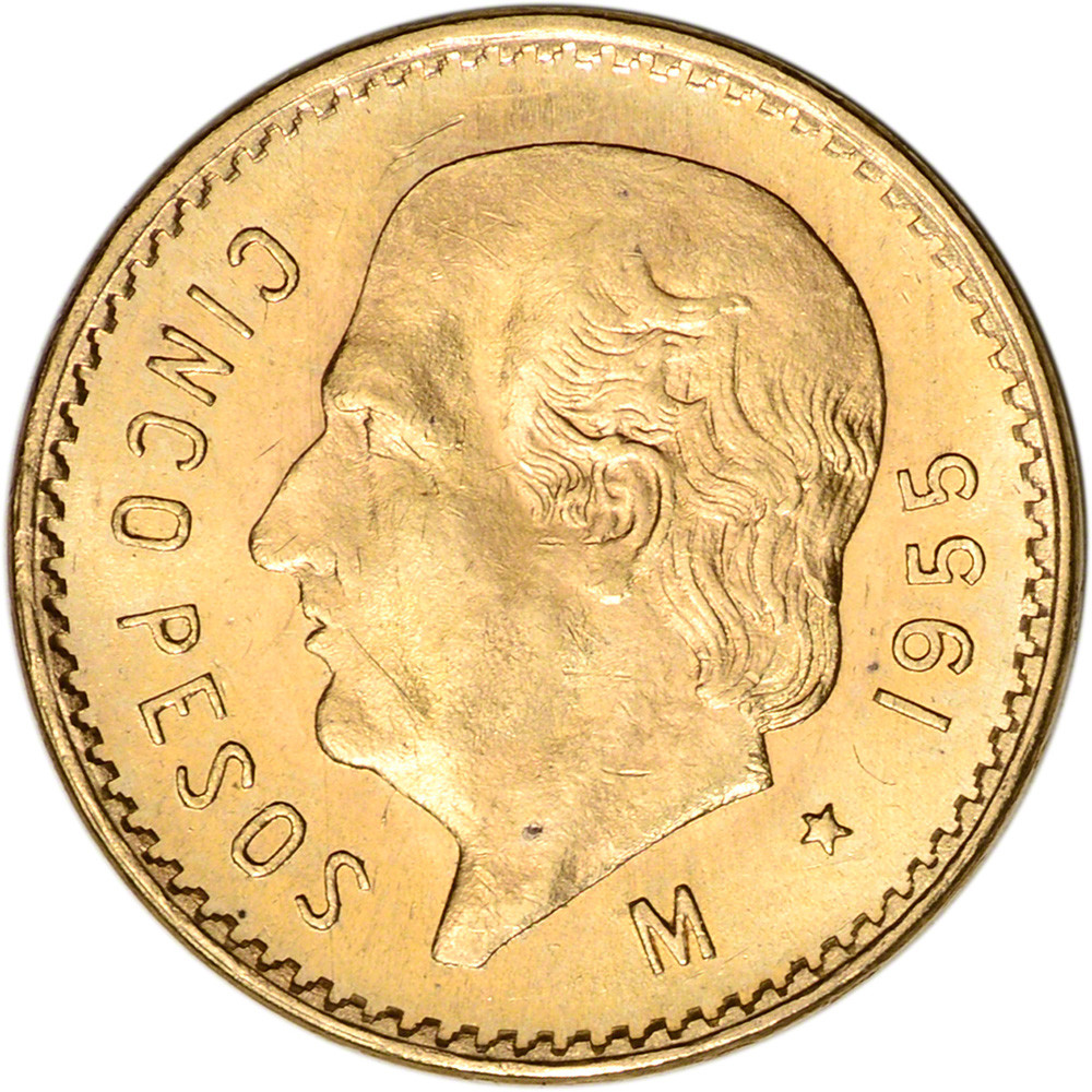 1955 Mexico Gold 5 Pesos .1205 oz - BU Restrike [55-MX-G5PESO-BU