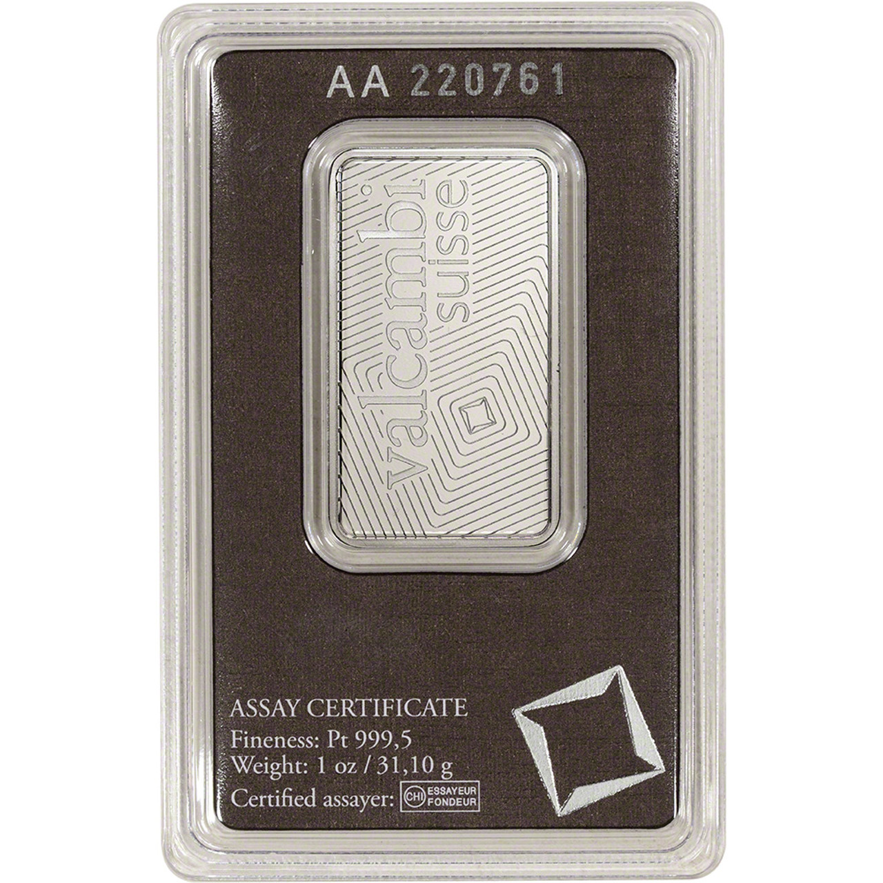 1 oz Platinum Bar - Valcambi Suisse - 999.5 Fine in Sealed Assay