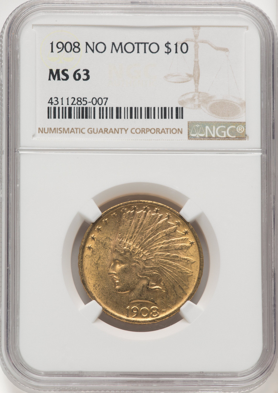 1908 NO MOTTO US Gold $10 Indian Head Eagle - NGC MS 63 [V-HA