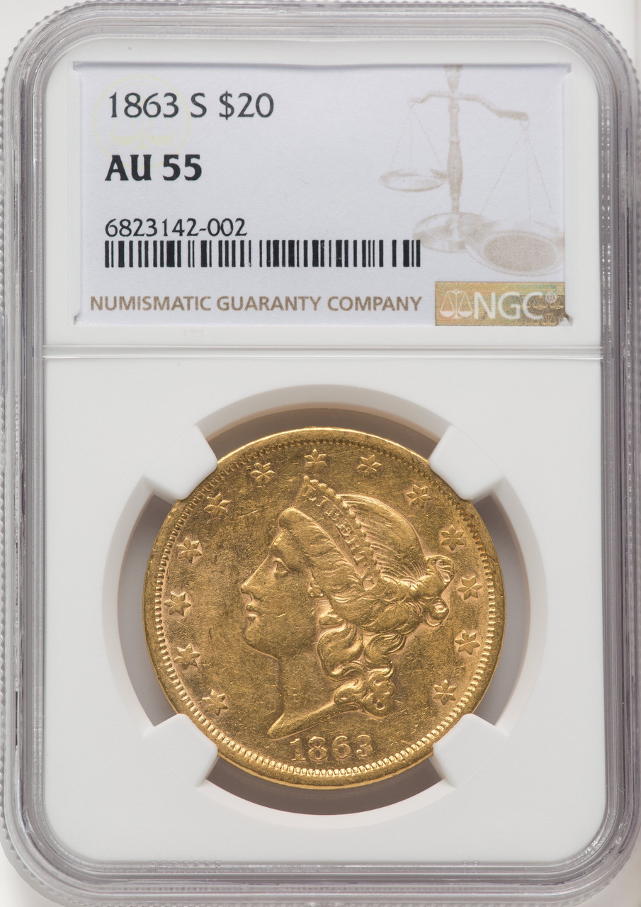 1863 S US Gold $20 Liberty Head Double Eagle - NGC AU 55 [V
