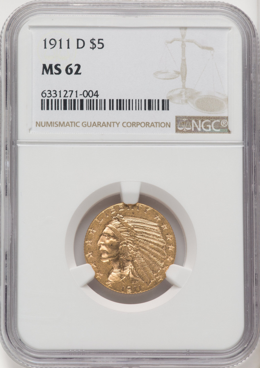 1911 D US Gold $5 Indian Head Half Eagle - NGC MS 62 [V-HA