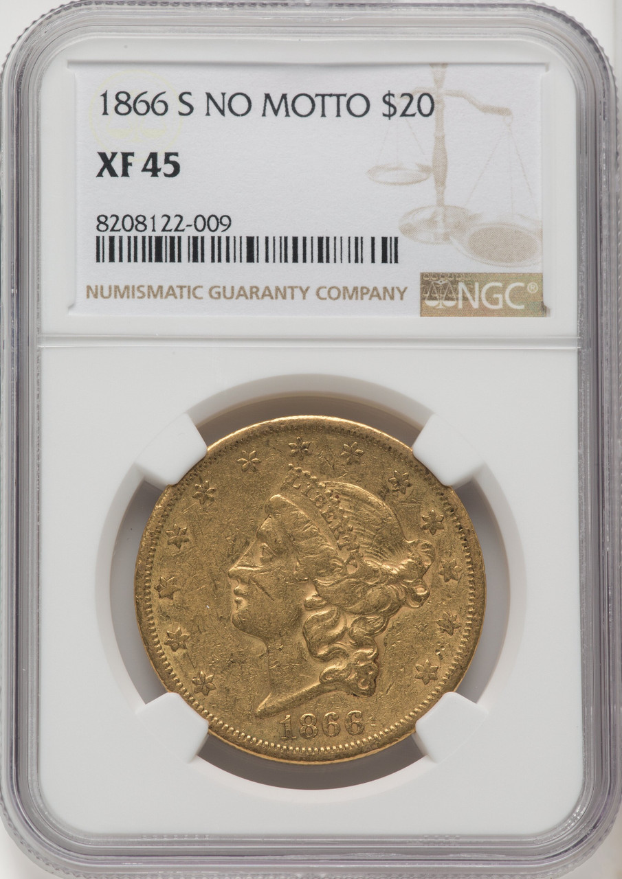 1866 S NO MOTTO US Gold $20 Liberty Head Double Eagle - NGC XF 45