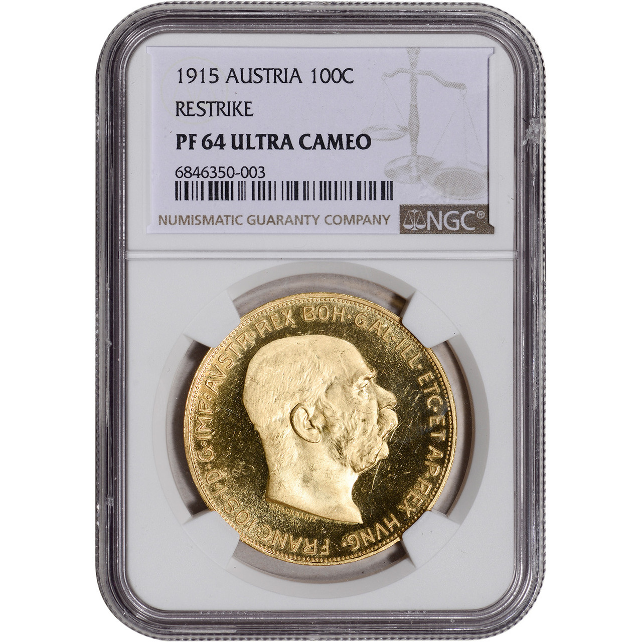 1915 Austria Gold 100 Corona Proof .9802 oz - Restrike - NGC PF64