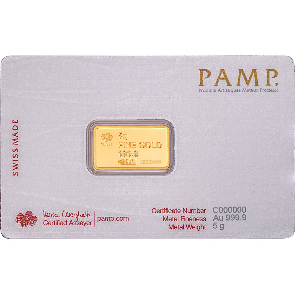 5 gram Gold Bar PAMP America the Free Statue of Liberty 999.9 Fine 