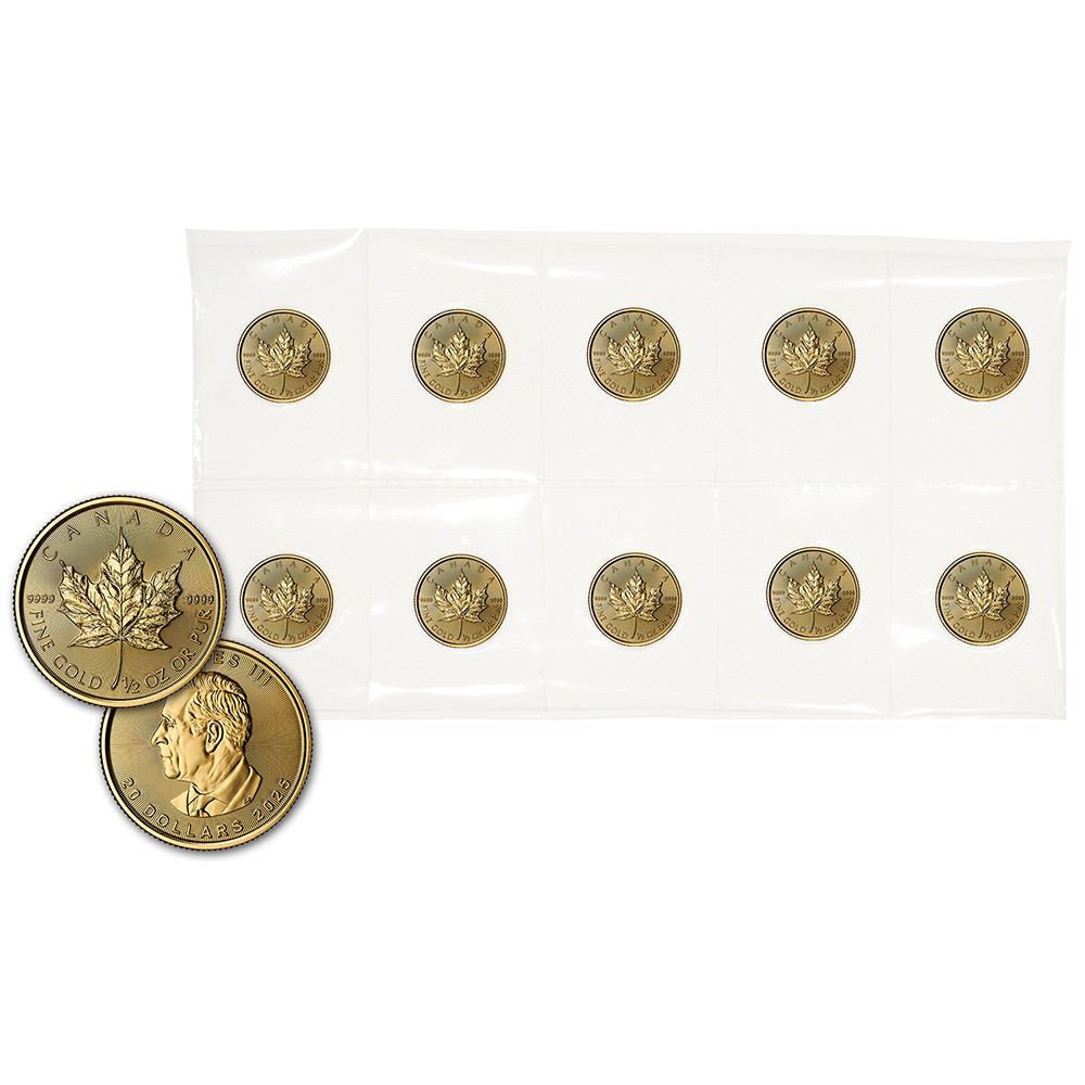 2025 Canada Gold Maple Leaf 1/2 oz $20 - BU - Sheet of Ten 10