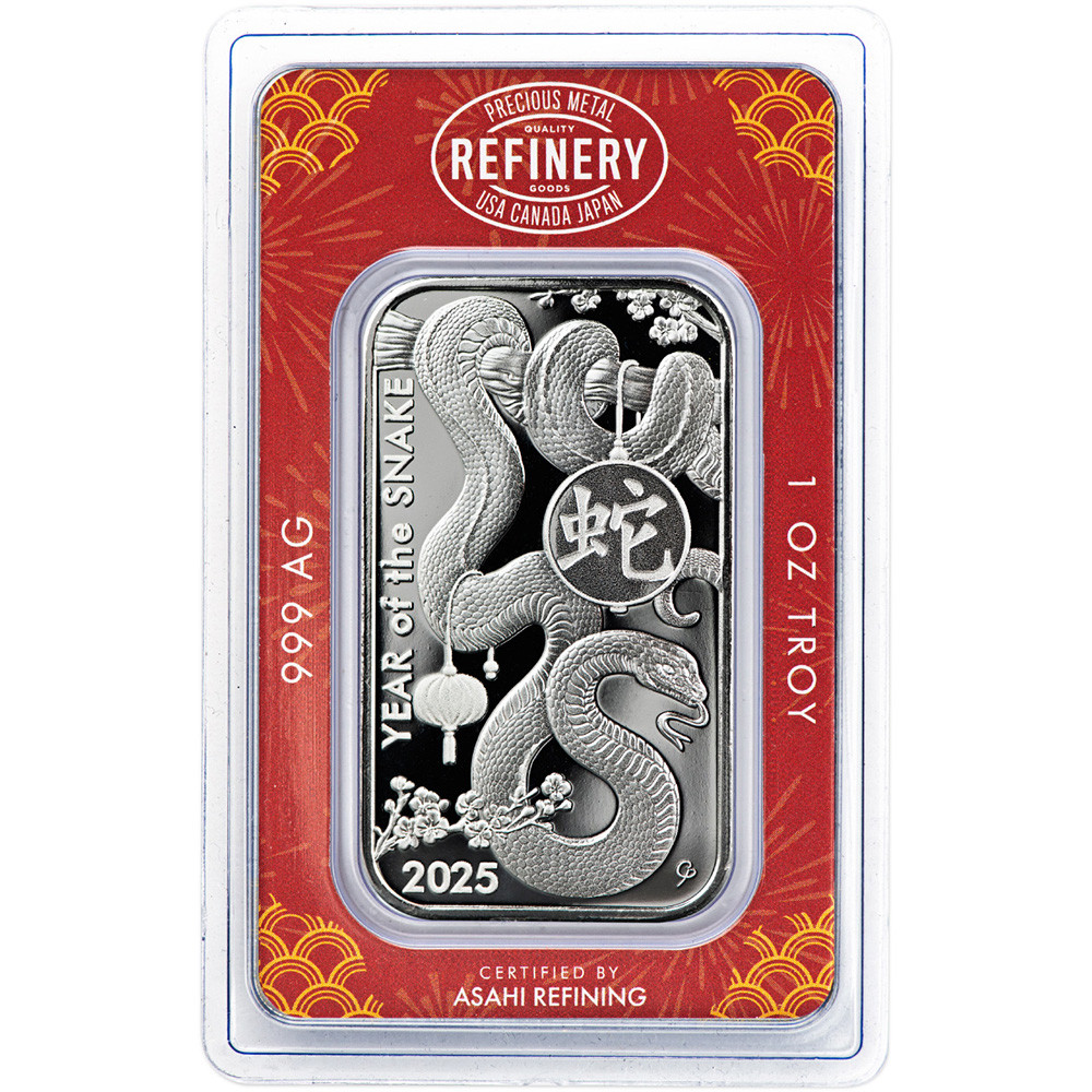 1オンス 銀製バー FINE SILVER 999 1 oz Silver Bar - Asahi Refining - Lunar Snake .999 Fine in Sealed