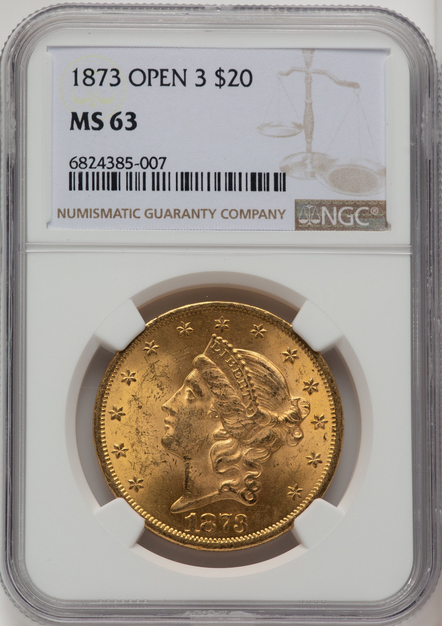 1873 OPEN 3 US Gold $20 Liberty Head Double Eagle - NGC MS 63 [V