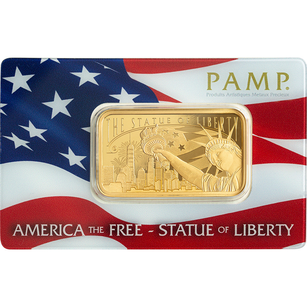 1 oz Gold Bar PAMP America the Free Statue of Liberty 999.9 Fine